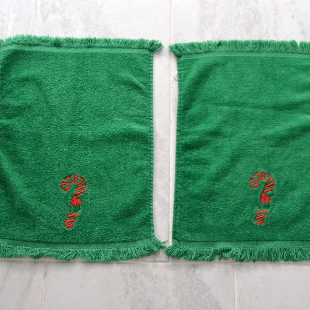 Christmas Hand Towels, Pair, Vintage Cannon Embroidered Candy Canec, Cotton, USA